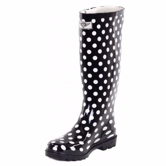 Women's Rubber Rain Boots, Black Polka Dots Rainboots - Picture 3 of 3